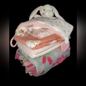 6pc Nwot Pink Plush Bunny Lovey and Baby Blanket Set